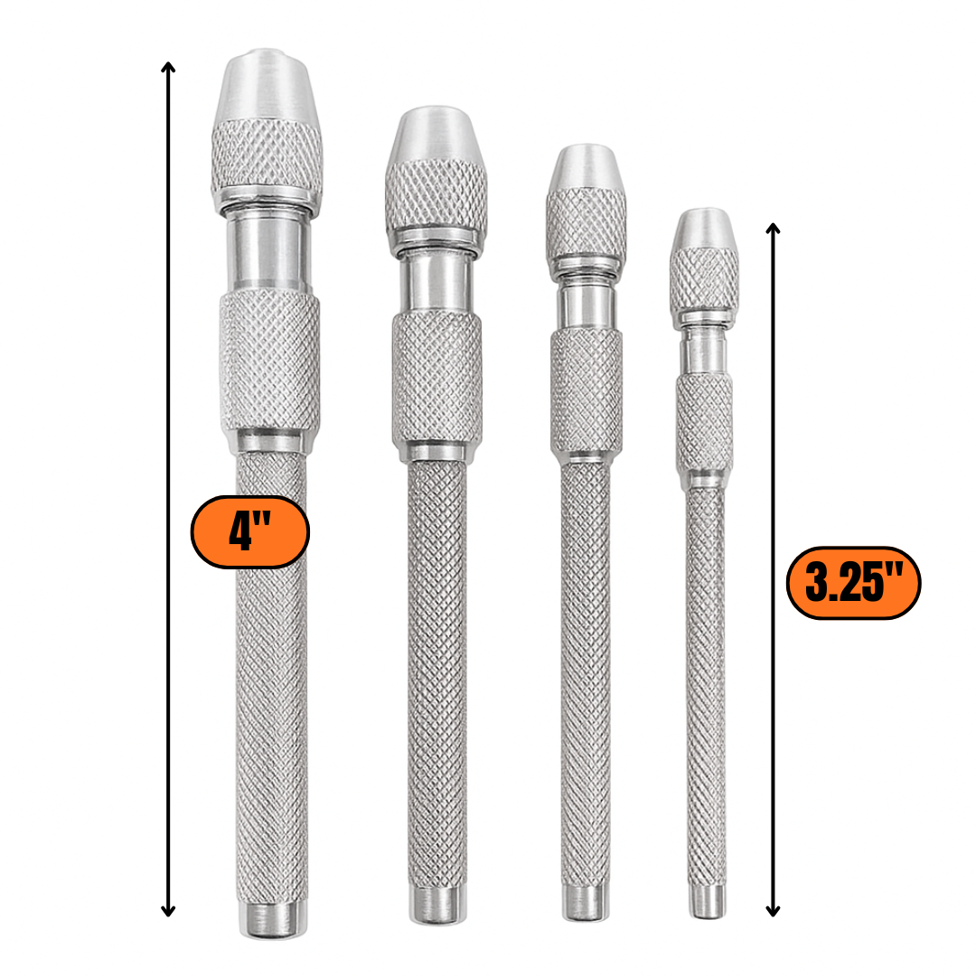 4-Piece Pin Vise Set (0–4.75 mm / 0–3/16") – Hardened Steel Hand Drill Set with Textured Non-Slip Handles – For Miniatures, Jewelry, Hobby, Craft & Precision Work – TJ01-12400