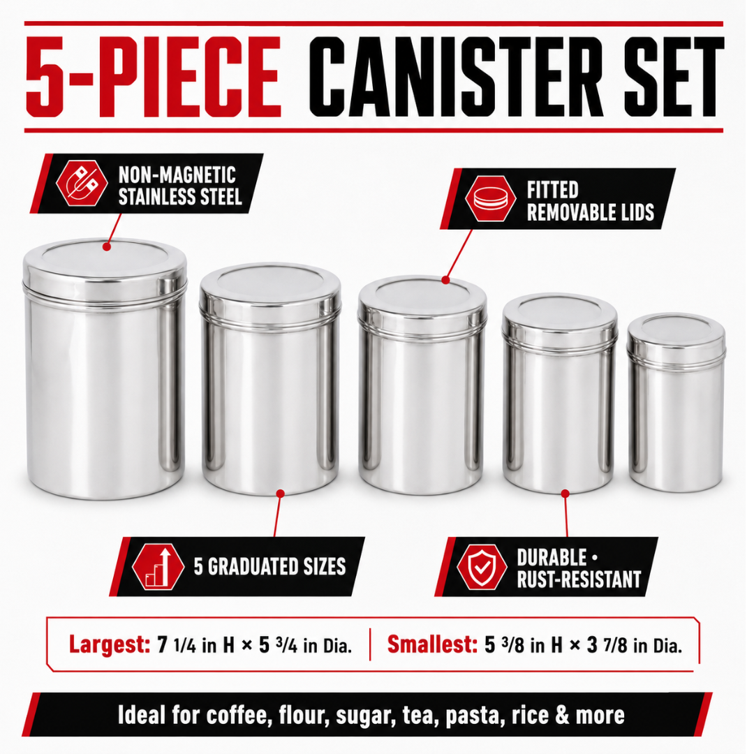 5-Piece Stainless Steel Kitchen Canister Set with Fitted Lids, Graduated Food Storage Containers for Coffee, Flour, Sugar, Rice, Pasta, Tea and Snacks