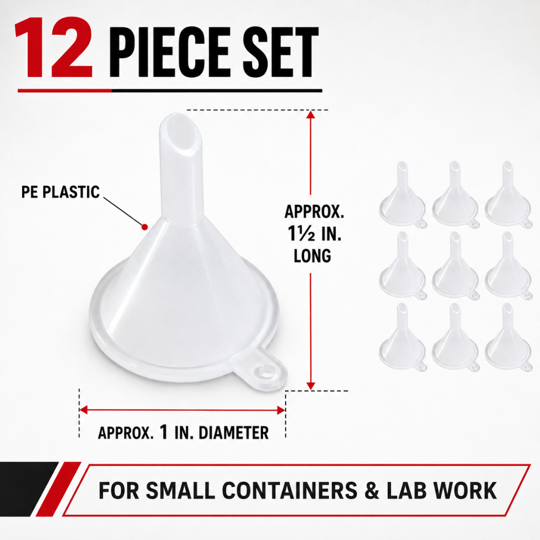 12-Piece Mini PE Plastic Funnel Set – 1.5-Inch Small Funnels for Bottles, Liquid Transfer, Crafts, Hobbies and Lab Use – TJ86901