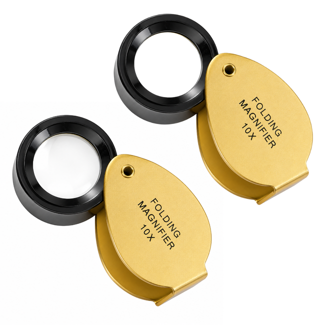 Gold Jeweler’s Loupe Magnifier 10X, Pocket Folding Magnifying Glass with 15mm Lens, Brass-Color Housing, Black Framed Lens for Jewelry, Coins, Stamps, Gems, Hobby Inspection, Pack of 2