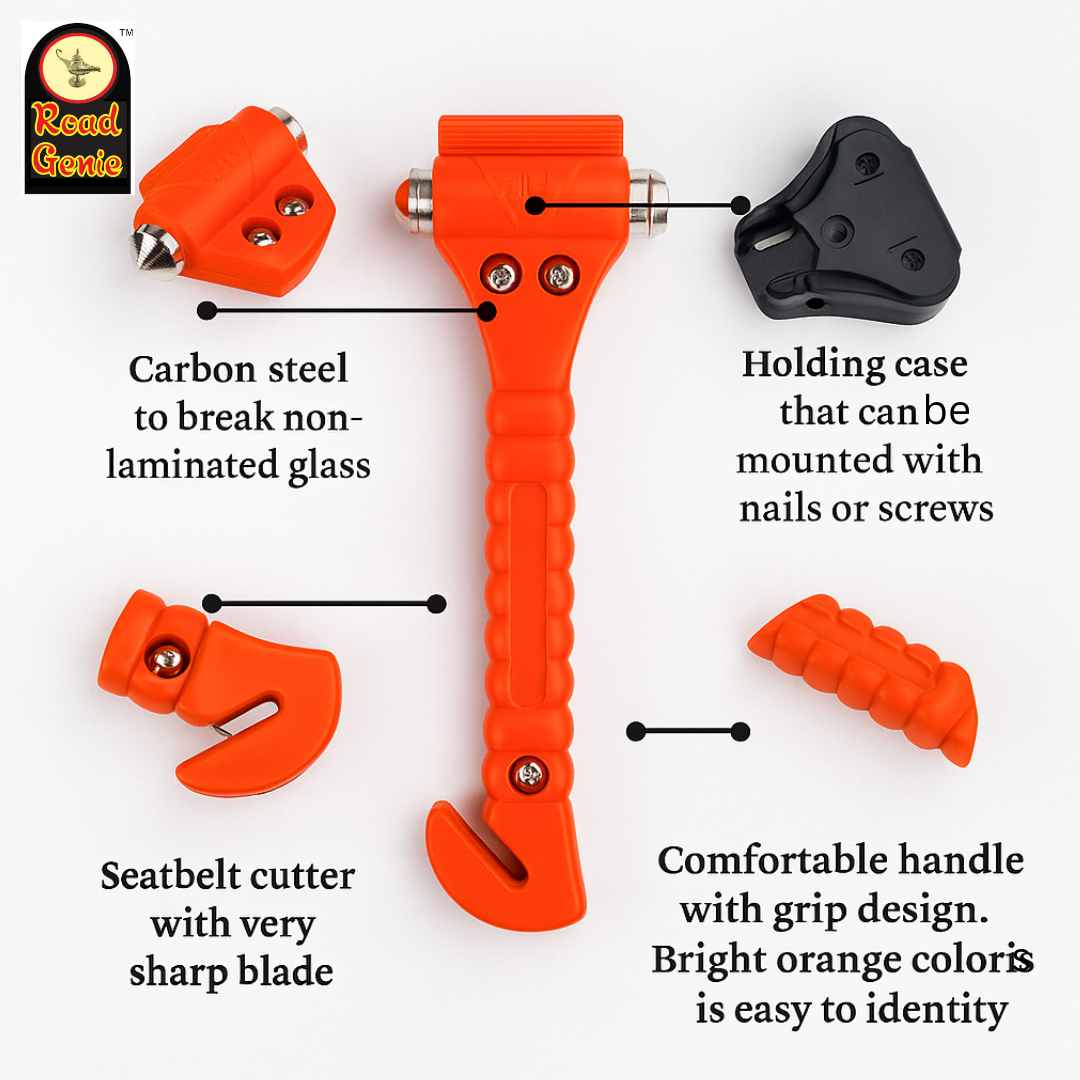 Emergency Escape Hammer with Seatbelt Cutter (Orange) – Auto Safety Tool for Car, SUV, Truck – Window Breaker with Sharp Steel Tips & Protective Holder – PH-00545