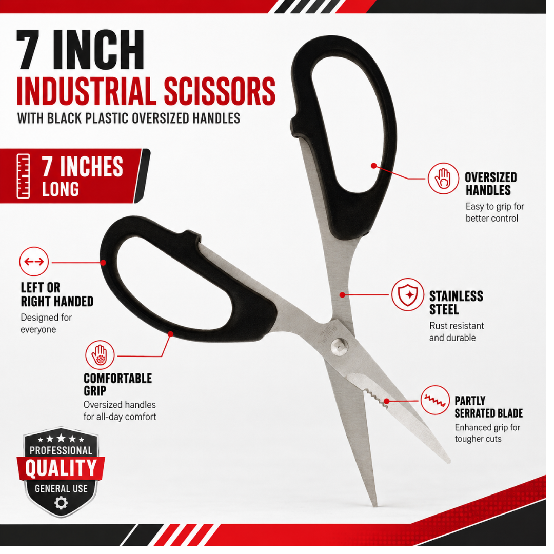 7 Inch Industrial Scissors with Stainless Steel Blades, Black Oversized Plastic Handles, Serrated Blade Section, Heavy Duty General Use Scissors for Home, Office, Workshop & Packaging