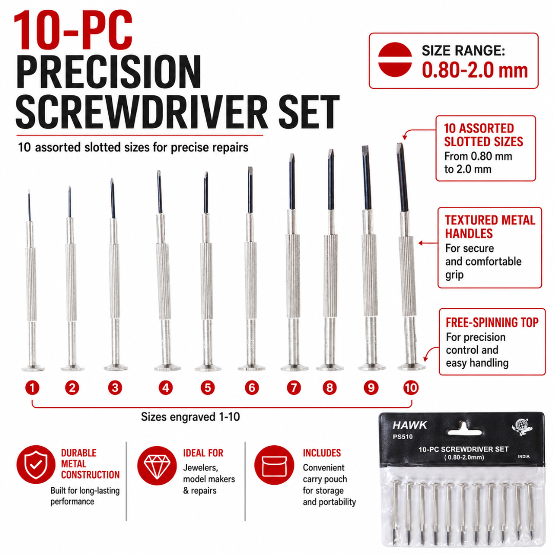 10 Piece Slotted Precision Screwdriver Set, Mini Flat Head Screwdrivers with Spinning Tops, Textured Handles & Vinyl Carry Pouch, Sizes 0.80mm to 2.0mm for Jewelry, Watches, Models & Small Repairs