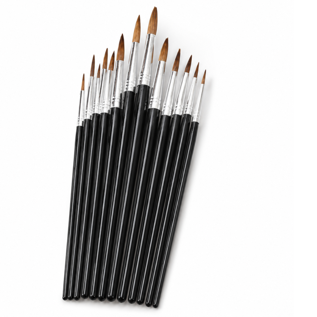 Artist’s Pointed Paint Brush Set, 12-Piece Round Detail Brushes, Sizes 1–12, Black Wood Handles for Acrylic, Watercolor and Oil Painting
