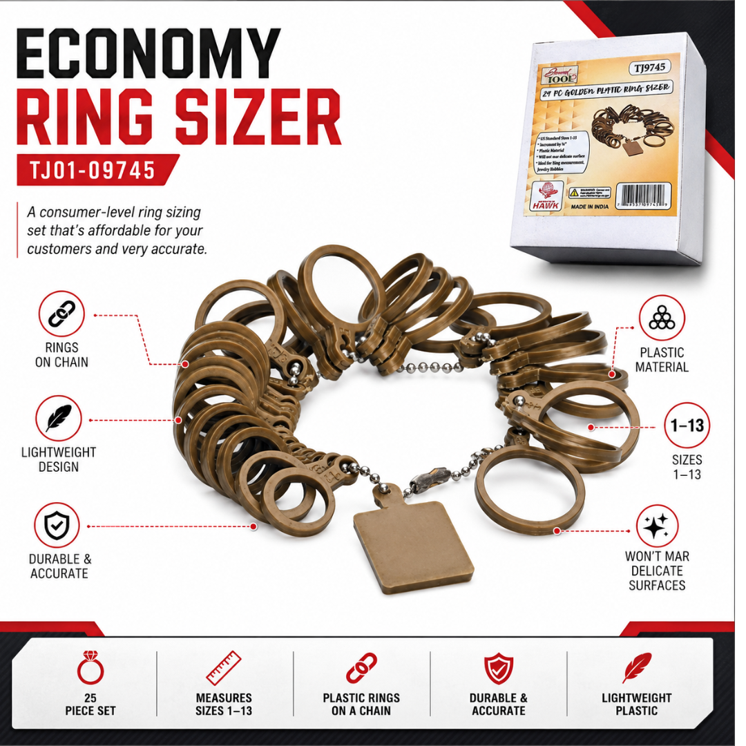 Economy Plastic Ring Sizer Set, 25 Piece Finger Measuring Rings on Chain, US Ring Sizes 1-13, Lightweight Jewelry Sizing Tool for Jewelers & Hobbyists - TJ01-09745