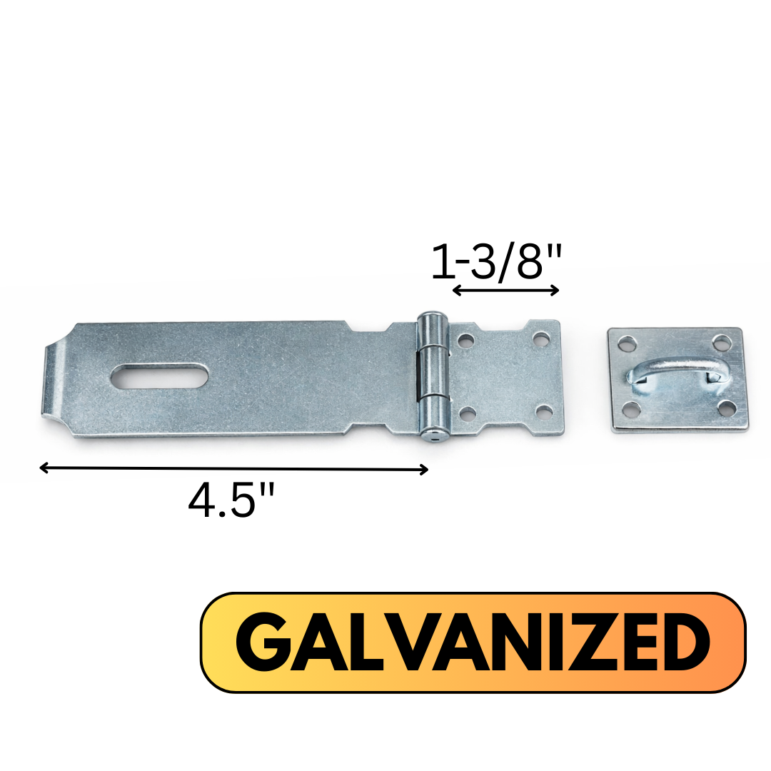 4.5" Galvanized Pad Bolt Hasp with Installation Hardware – Heavy Duty Locking Hasp for Gates, Sheds, Cabinets & Doors