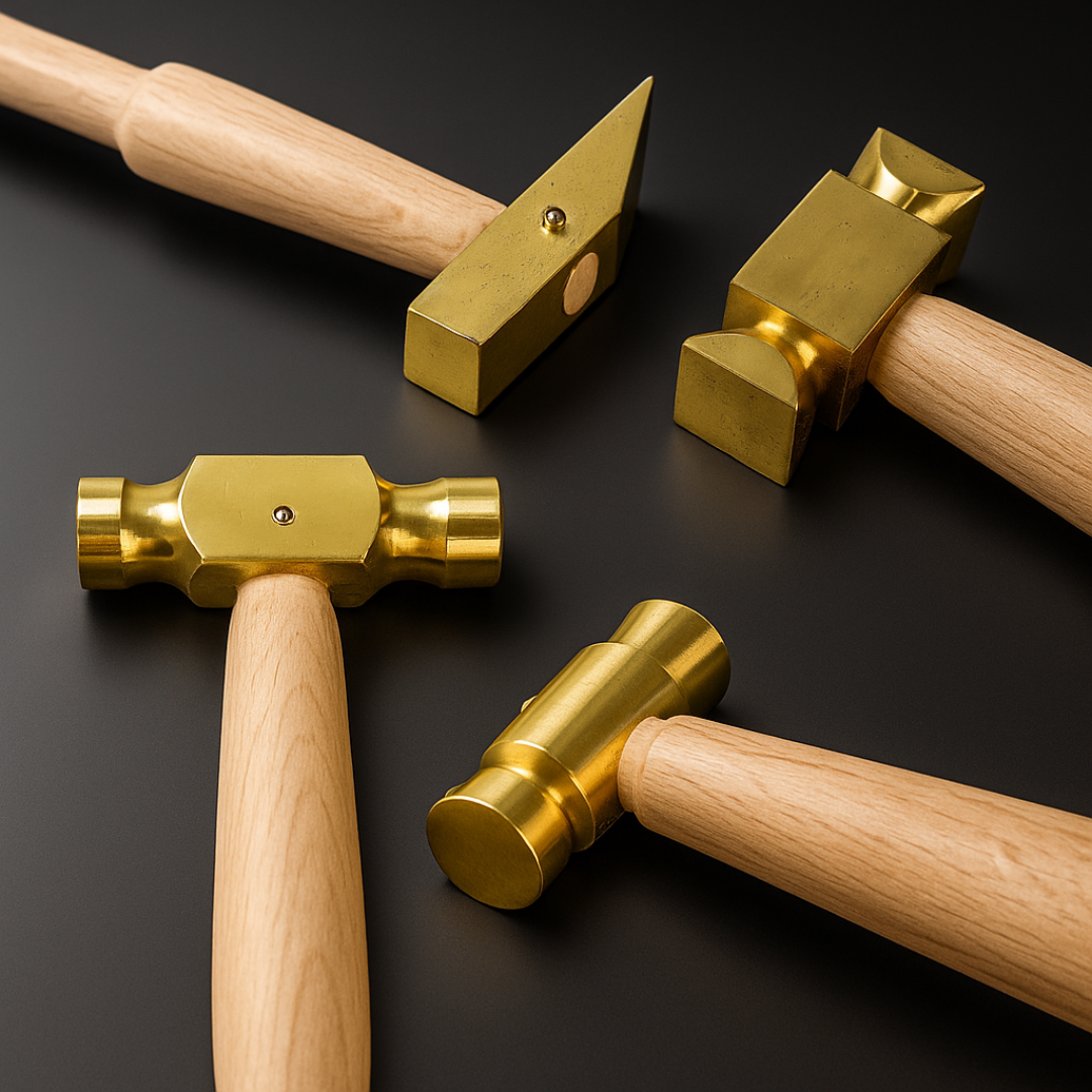 4 Piece Brass Hammer Set – Jewelry Making & Craft Hammers with Flat, Square, Chisel & Ball Peen Heads – 9" Wooden Handles, Lightweight & Non-Sparking- PH-12704