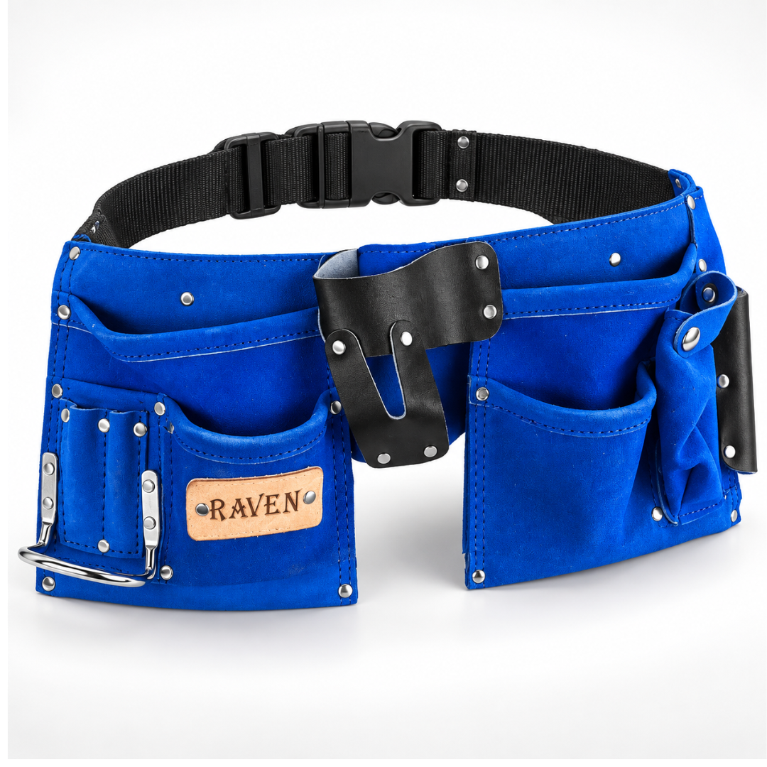 Blue Suede Tool Belt with 10 Pockets, Adjustable 30"–46" Waist, Heavy-Duty Riveted Construction, Hammer Holder & Tool Pouches for Construction, Carpentry, Roofing and DIY
