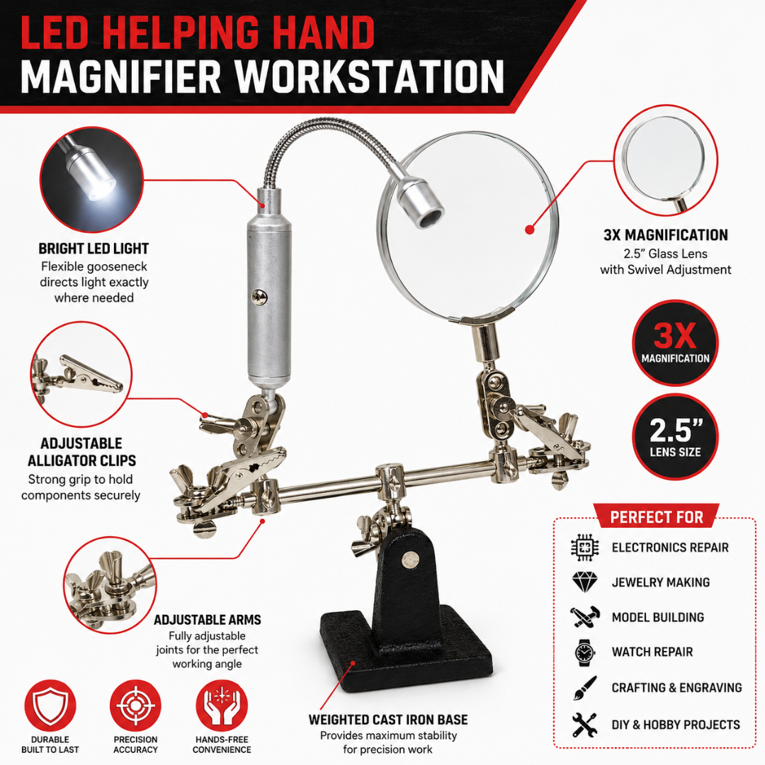 3X Power LED Illuminated Helping Hand Magnifier  - MG-15292