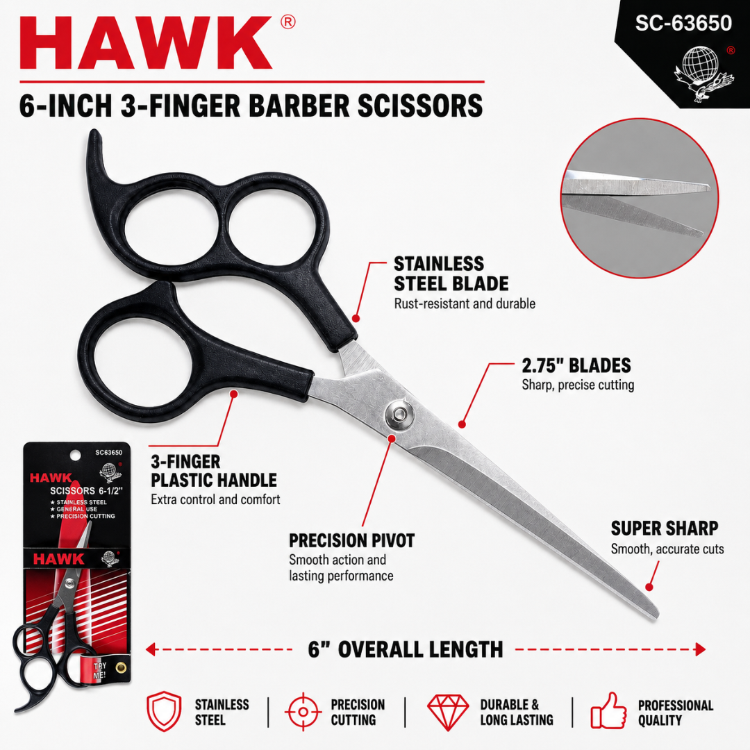 6-Inch 3-Finger Barber Hair Scissors, Stainless Steel Precision Cutting Shears with Triple Hole Plastic Handle, 2.75-Inch Blades, Pack of 2