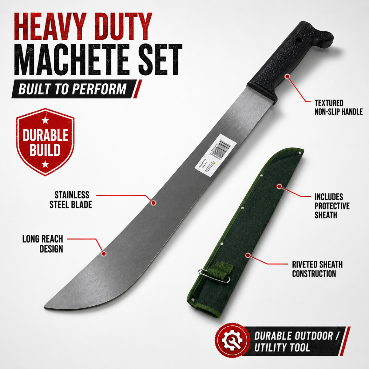 18-Inch Machete with 5-3/8-Inch Wooden Handle, Long Curved Metal Blade with 3-Rivet Construction for Cutting Tall Grass, Weeds, Brush and Garden Overgrowth