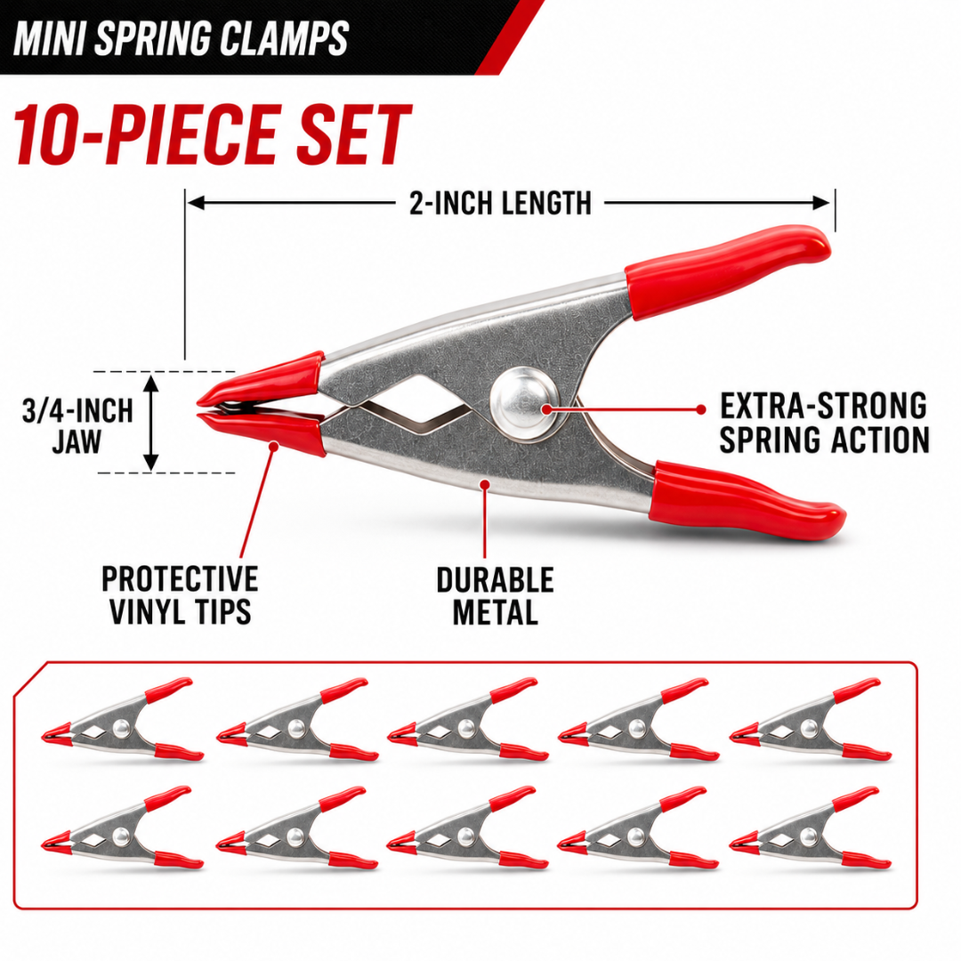 2 Inch Metal Spring Clamps, 10 Pack, Reusable Mini Clips with Vinyl-Coated Tips and 3/4 Inch Jaw Capacity for Crafts, Tarps, Home and Workshop