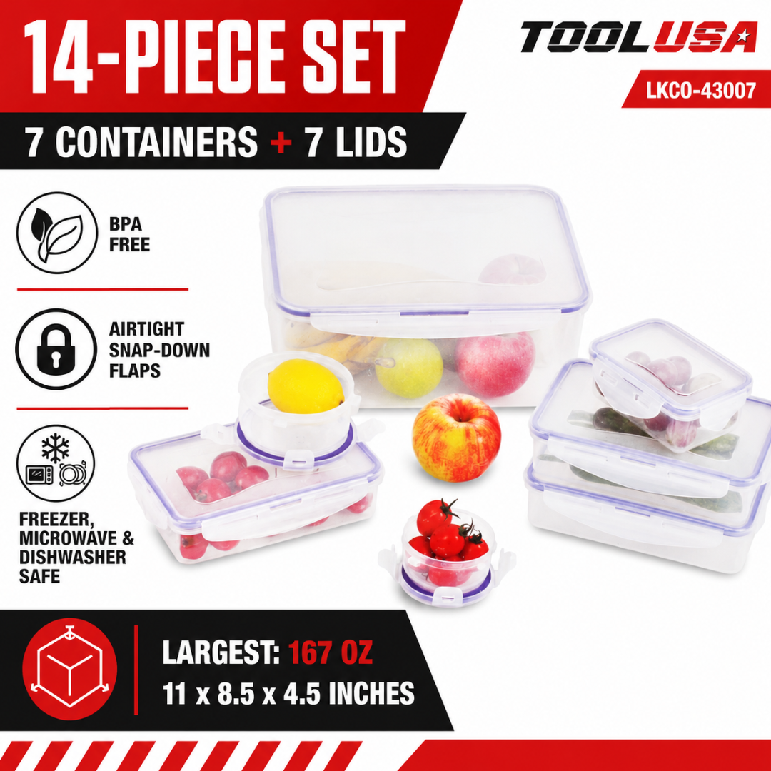 14-Piece Plastic Food Storage Container Set with Lids, 7 BPA-Free Airtight Containers, Stackable and Nesting, Microwave, Freezer and Dishwasher Safe, Assorted Sizes – LKCO-43007