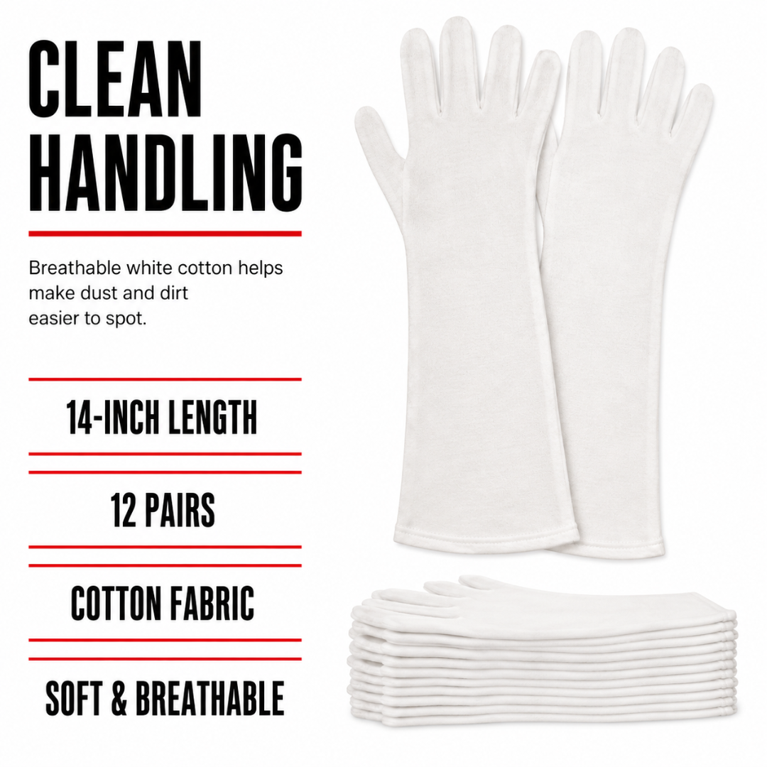 14-Inch White Cotton Inspection Gloves, Extra Long Breathable Cleanroom & Handling Gloves – 12 Pack - GL-07414-Z12