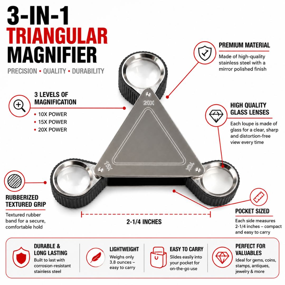 Triangular Jeweler’s Loupe 10X 15X 20X Magnifier, Stainless Steel Folding Triple Lens Pocket Loupe with Glass Lenses, Rubberized Grip Rings for Jewelry, Gems, Coins, Stamps & Watch Inspection – MG-45197