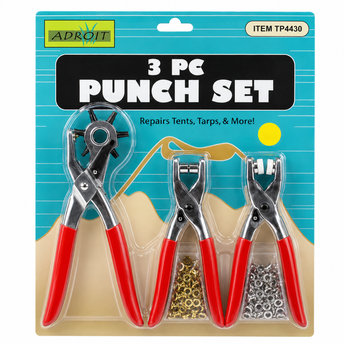 128-Piece Leather Hole Punch and Fastener Set – 6-Size Revolving Punch, Eyelet Pliers, Snap Pliers, 100 Eyelets and 25 Snap Sets – Vinyl-Coated Handles for Belts, Shoes, Bags and Crafts
