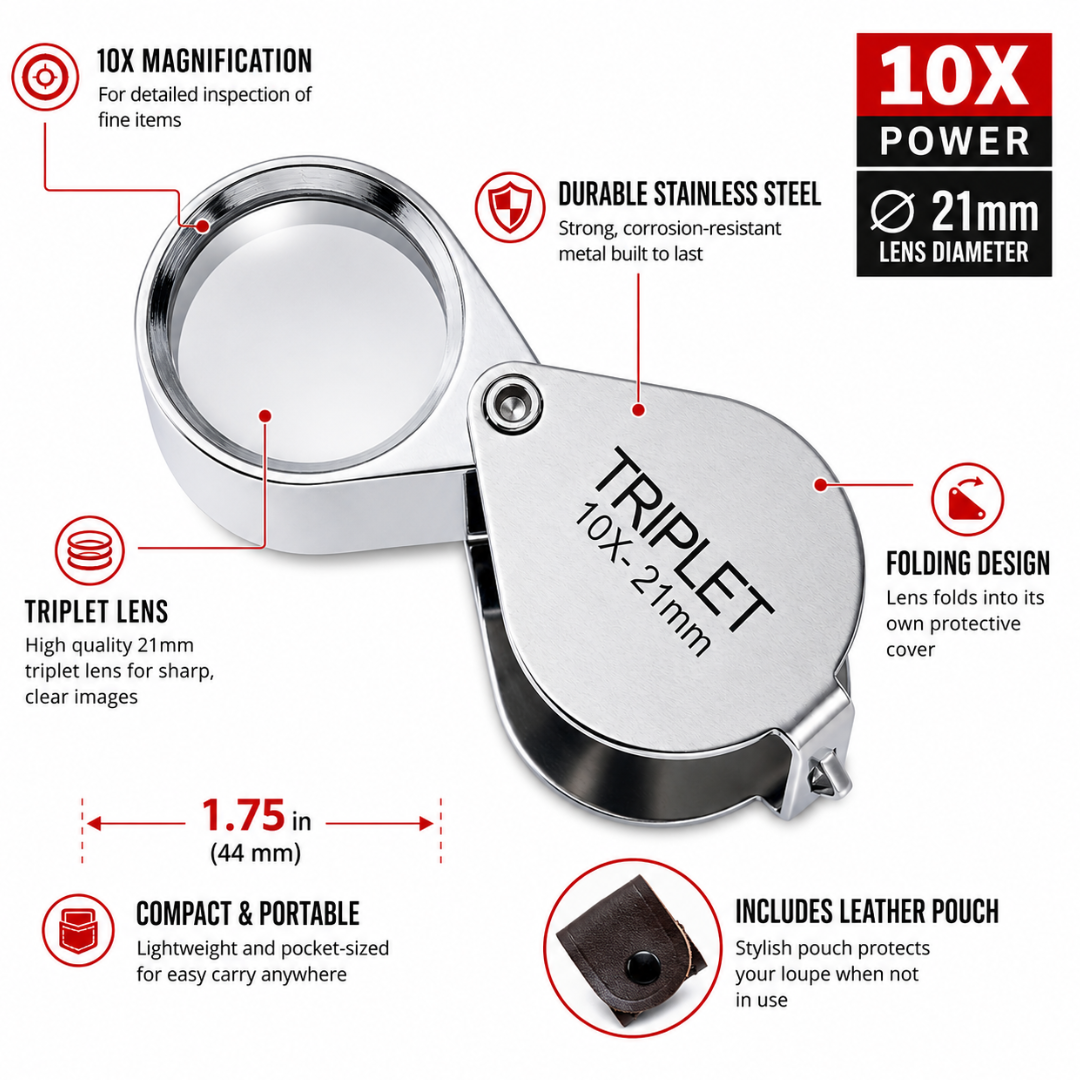 21mm Triplet Jeweler’s Loupe Magnifier – 10X Folding Pocket Magnifying Glass with Stainless Steel Body & Leather Storage Pouch for Jewelry, Coins, Stamps, Watches and Gem Inspection