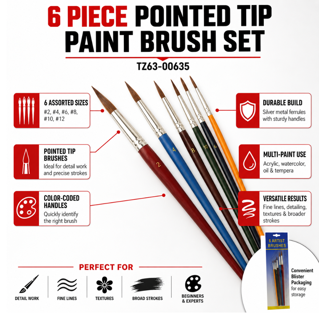 6-Piece Pointed Tip Artist Paint Brush Set, Assorted Sizes with Color-Coded Handles for Acrylic, Watercolor, Oil and Tempera Painting – TZ63-00635