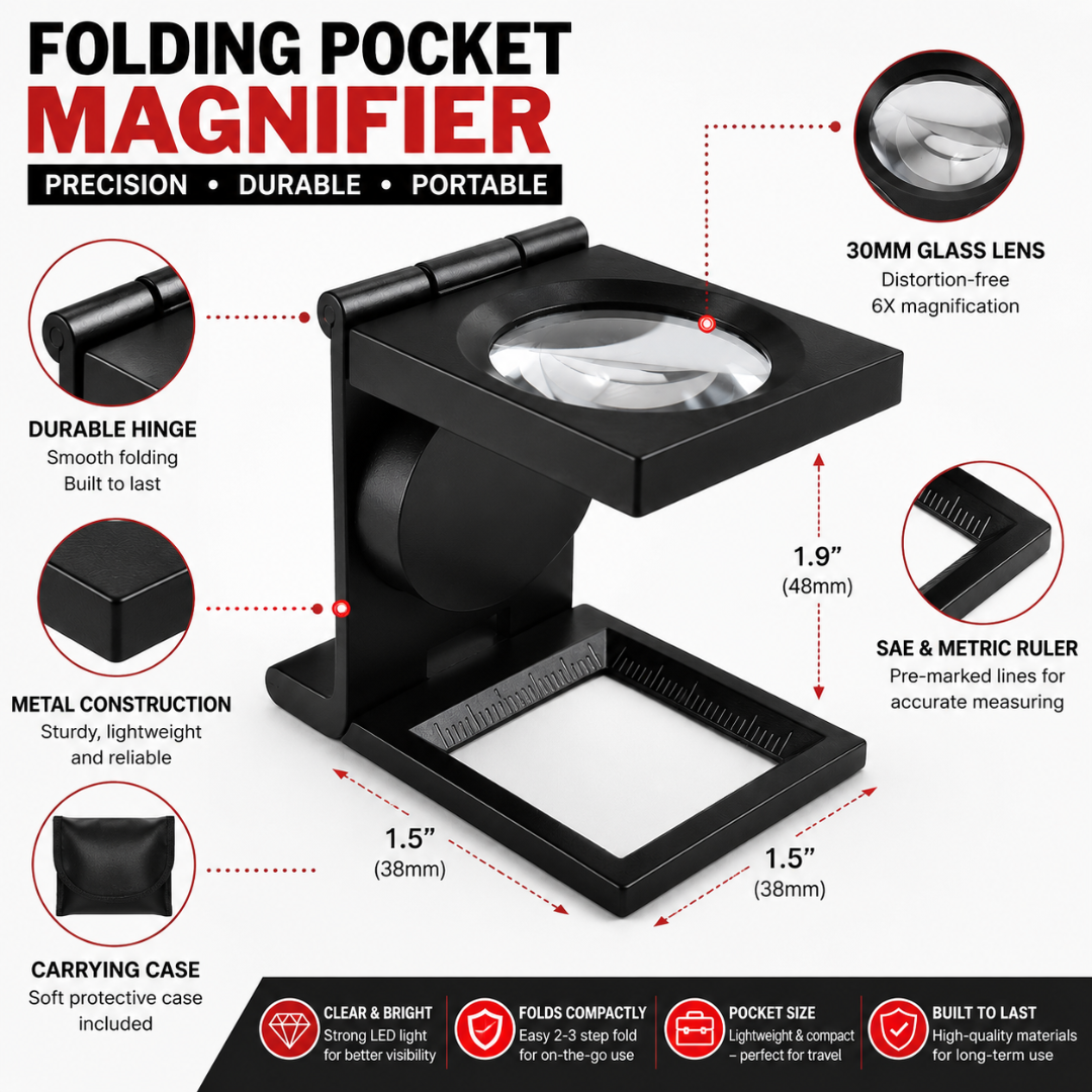 6X Folding LED Pocket Magnifier with 30mm Glass Lens, Black Metal Frame, Built-In SAE & Metric Rulers, Compact Jeweler Loupe Magnifying Glass with Carrying Case