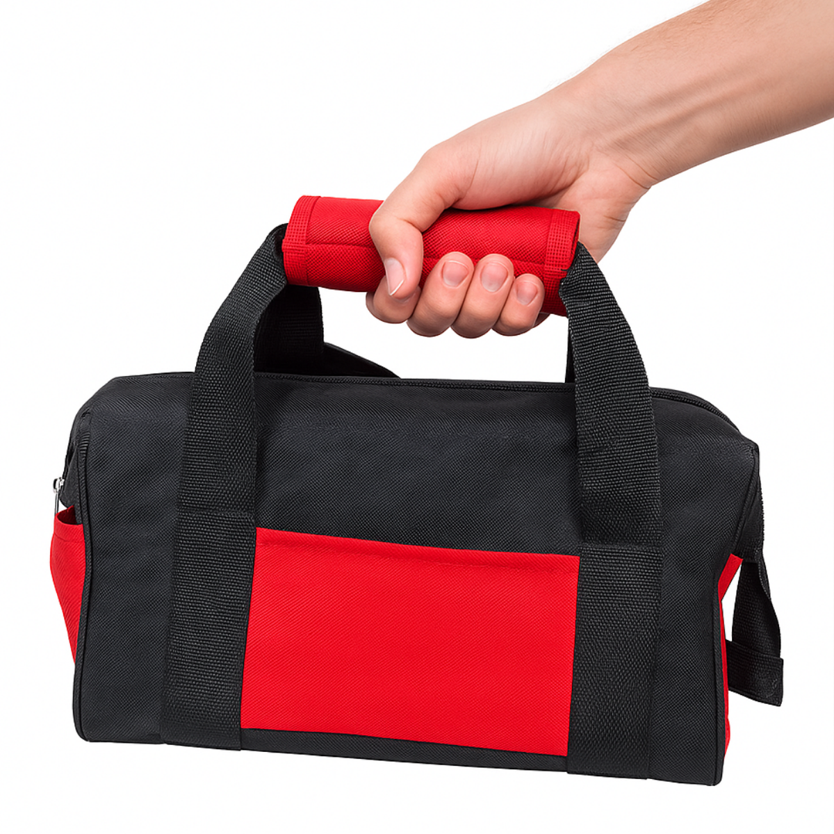 Soft-Sided Tool Bag with 21 Pockets – Opens Like a Doctor’s Bag – Black with Red Trim – 12” Compact Organizer for Hand Tools, Drill, or Craft Supplies