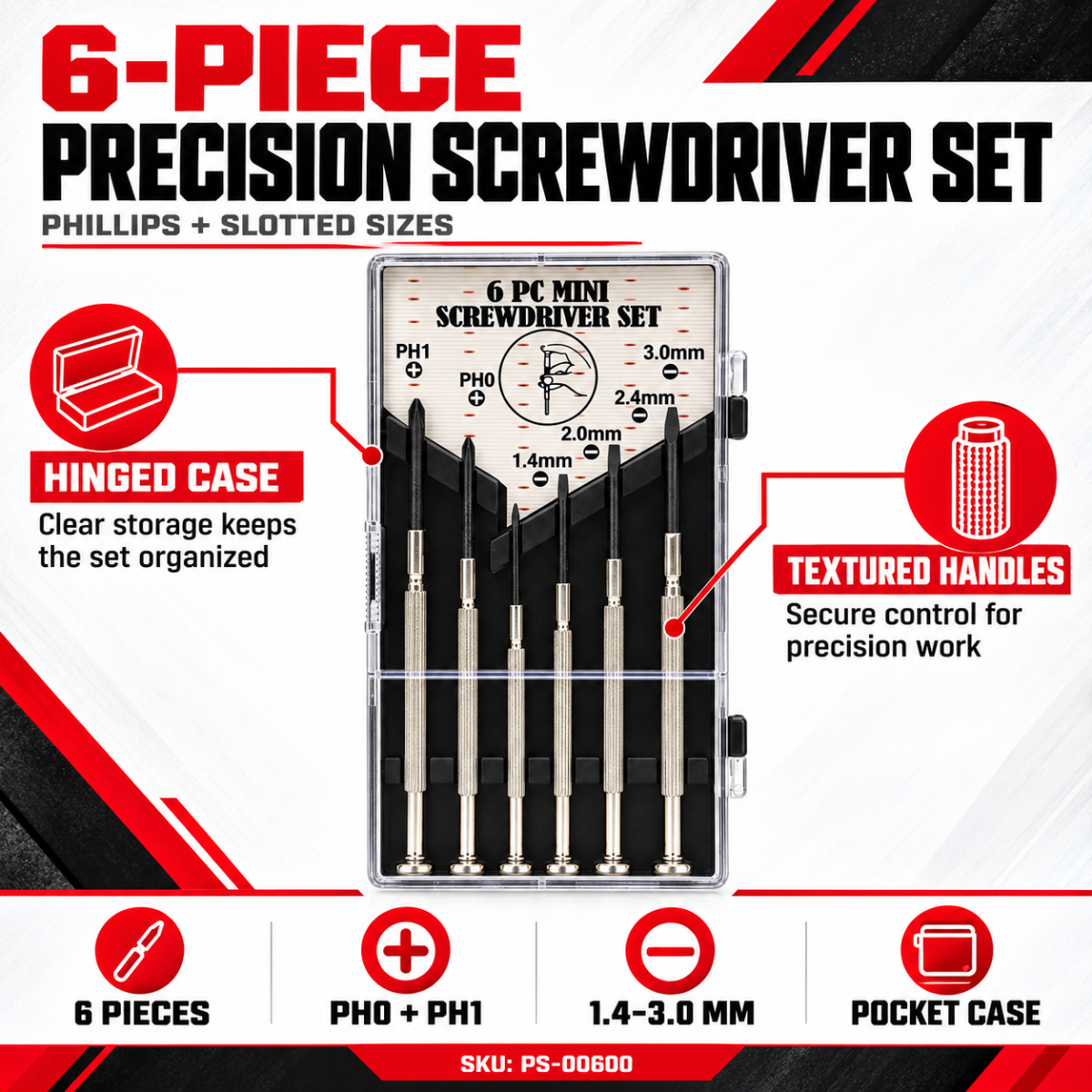 6-Piece Precision Screwdriver Set with Plastic Storage Case – Phillips & Slotted Mini Screwdrivers for Electronics, Eyeglasses, Watches & Small Repairs
