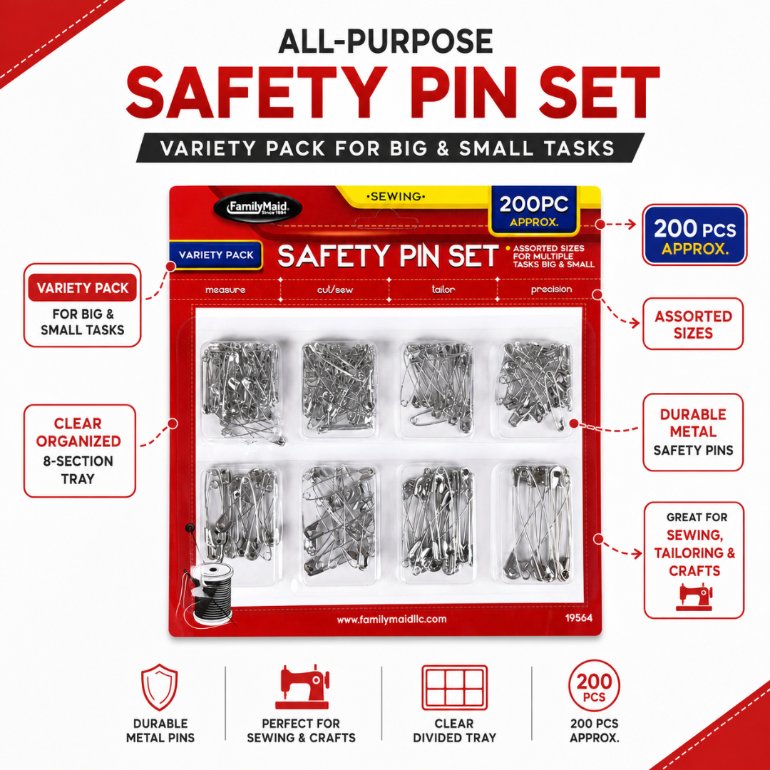 Assorted Safety Pin Set, Approx. 200-Piece Silver-Tone Metal Safety Pins in 8-Section Organizer Tray for Sewing, Tailoring, Crafts and Clothing Repairs