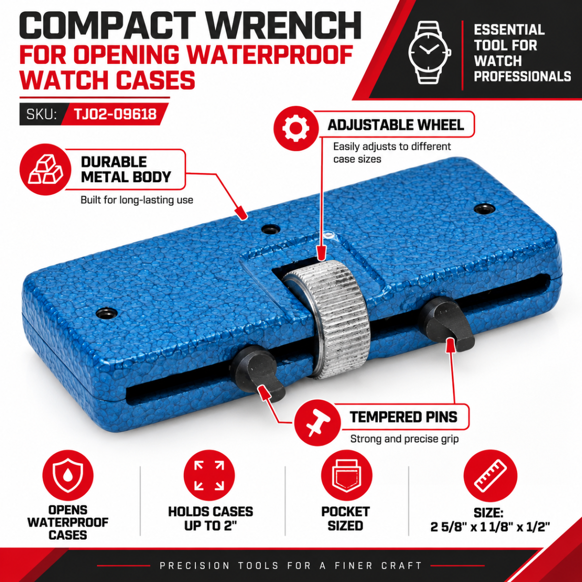 Compact Watch Case Opener Wrench with Adjustable Wheel & Tempered Pins, Opens Waterproof Watch Backs, Pocket-Sized Watch Repair Tool for Watchmakers – TJ02-0961