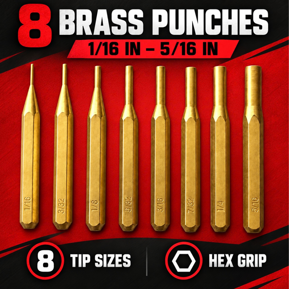 8 Piece Brass Drive Pin Punch Set – 1/16" to 5/16" Brass Pin Punches with Roll-Up Storage Pouch – TJ01-22100