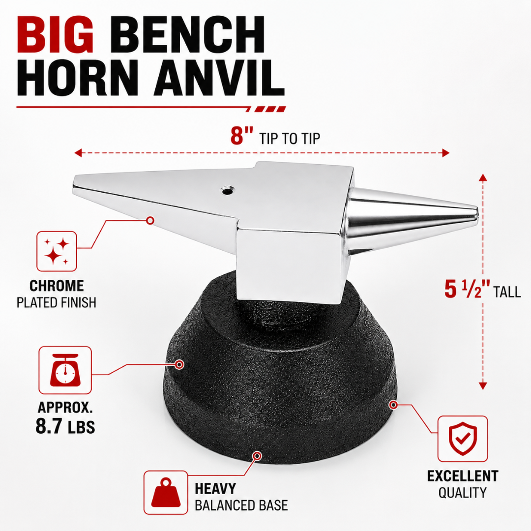 Big Bench Horn Anvil with Heavy Weighted Base, Chrome-Plated Metalworking and Jewelry Repair Tool, 8 Inch Tip-to-Tip, 5.5 Inch Tall, 8.7 lb – TJ8950L