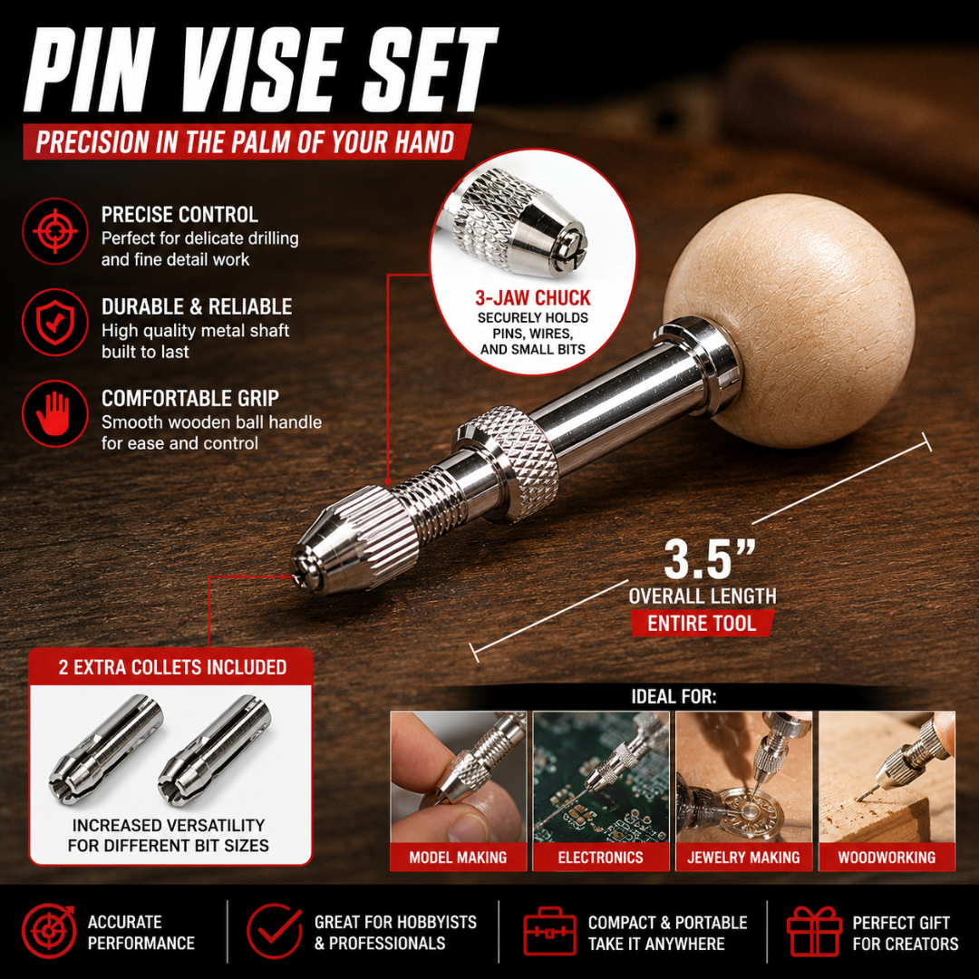 Pin Vise Set with Wooden Ball Handle, 3.5-Inch Manual Precision Hand Drill, Metal Shaft and 2 Extra Collets for Jewelry Making, Models, Crafts and Small Repairs – TJ-991