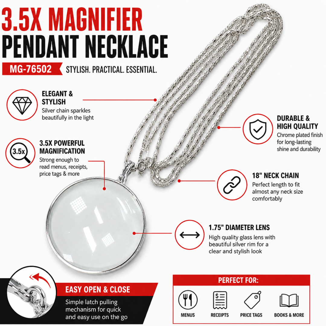 3.5X Magnifying Glass Pendant Necklace, Chrome Plated 1.75 Inch Lens with 18 Inch Chain, Wearable Reading Magnifier for Menus, Receipts, Price Tags, Programs & Small Print