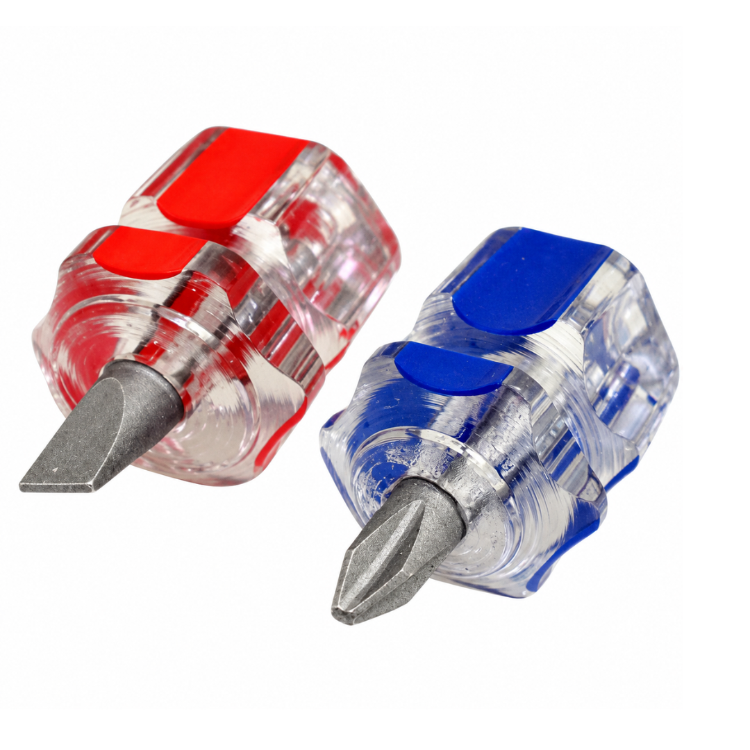 2 Piece Mini Stubby Screwdriver Set, 1.5 Inch Short Screwdrivers with Phillips #2 and 6mm Flathead Slotted Tips, Compact Color-Coded Hand Tools for Tight Spaces, Household Repairs & DIY
