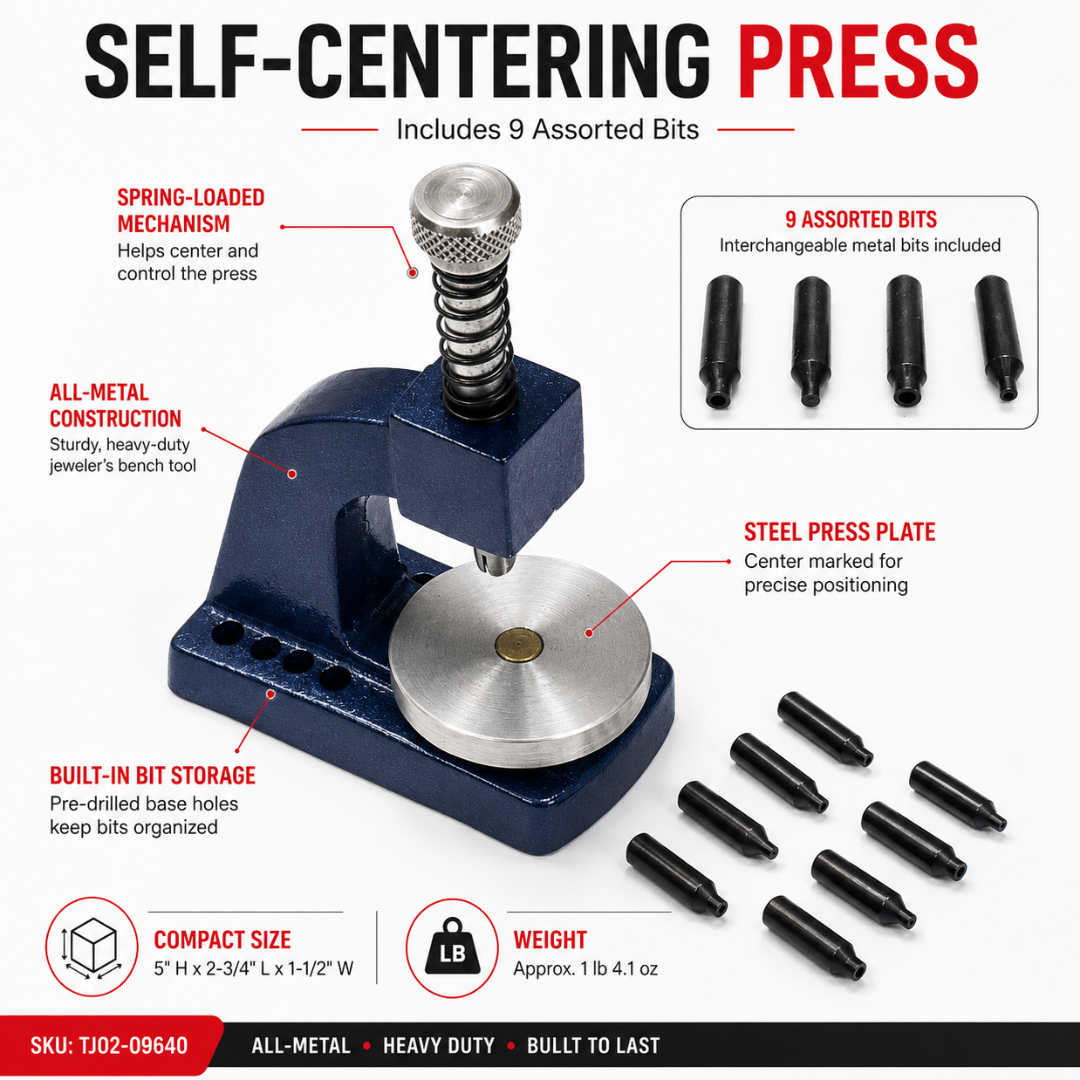 Watch Hand Setting Press Tool with 9 Interchangeable Tips – Self-Centering Spring-Loaded Watchmaker Hand Presser for Hour, Minute & Second Hands – Heavy-Duty Metal Repair Tool