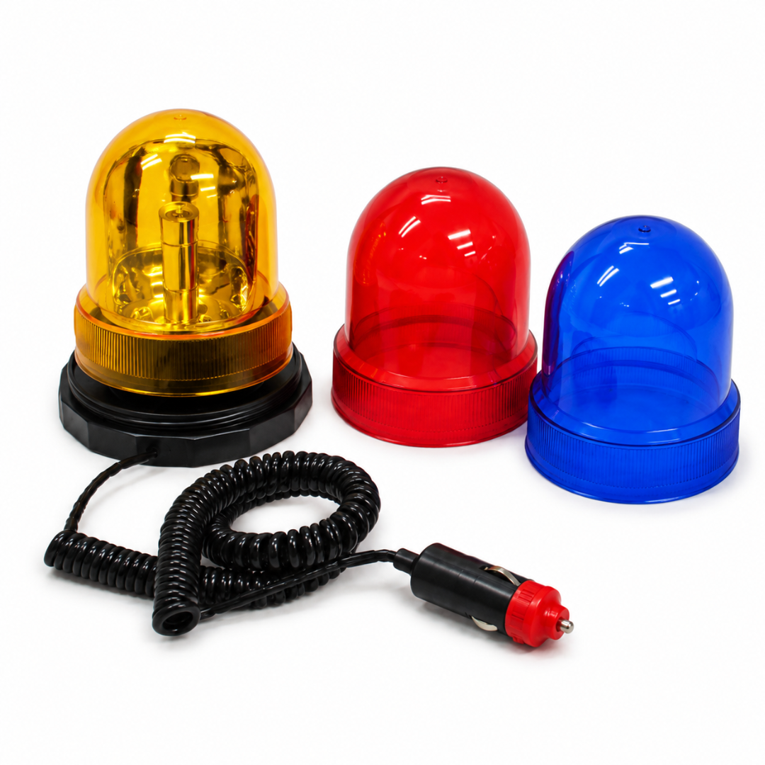 12V Revolving Warning Light with Magnetic Base, Red Blue and Amber Interchangeable Domes, 8-Foot Coiled Cord for Roadside and Off-Road Use