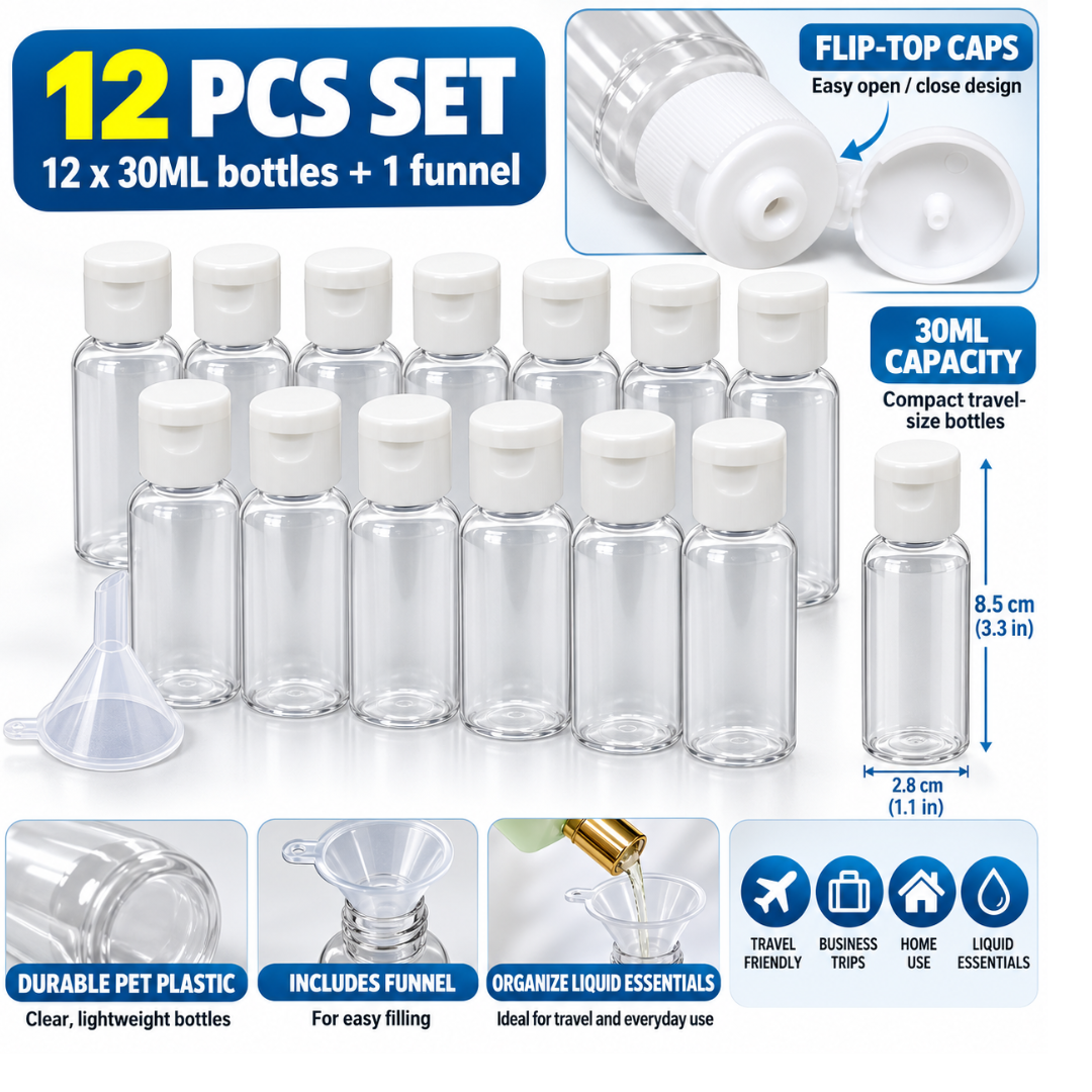 12-Pack 30ml Clear Plastic Travel Bottles with Flip-Top Caps & Filling Funnel – Refillable PET Containers for Shampoo, Lotion, Toiletries & Liquid Essentials