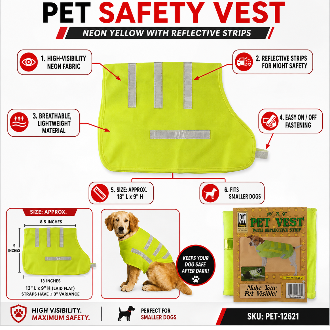 Neon Yellow Reflective Dog Safety Vest for Small Dogs – High Visibility Night Walking Vest with Reflective Strips & Adjustable Straps – 9" x 16" – PET-12621