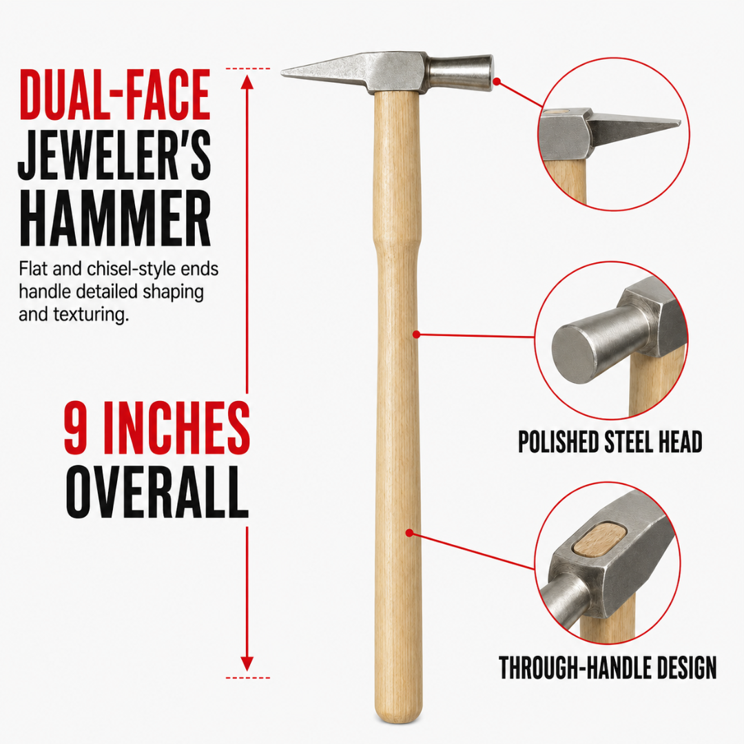 Swiss-Style Jeweler’s Hammer with Stainless Steel Dual-Face Head and Wooden Handle – 9-Inch Precision Chisel Hammer for Metal Texturing, Riveting and Wire Work
