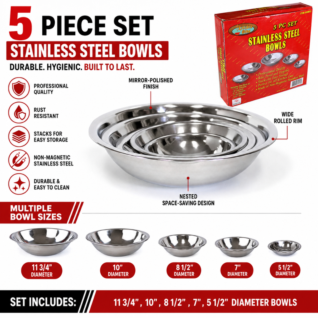 5 Piece Stainless Steel Mixing Bowl Set – Nesting Kitchen Prep, Mixing & Serving Bowls – 5.5", 7", 8.5", 10" & 11.75" Diameters – Space-Saving Stackable Design