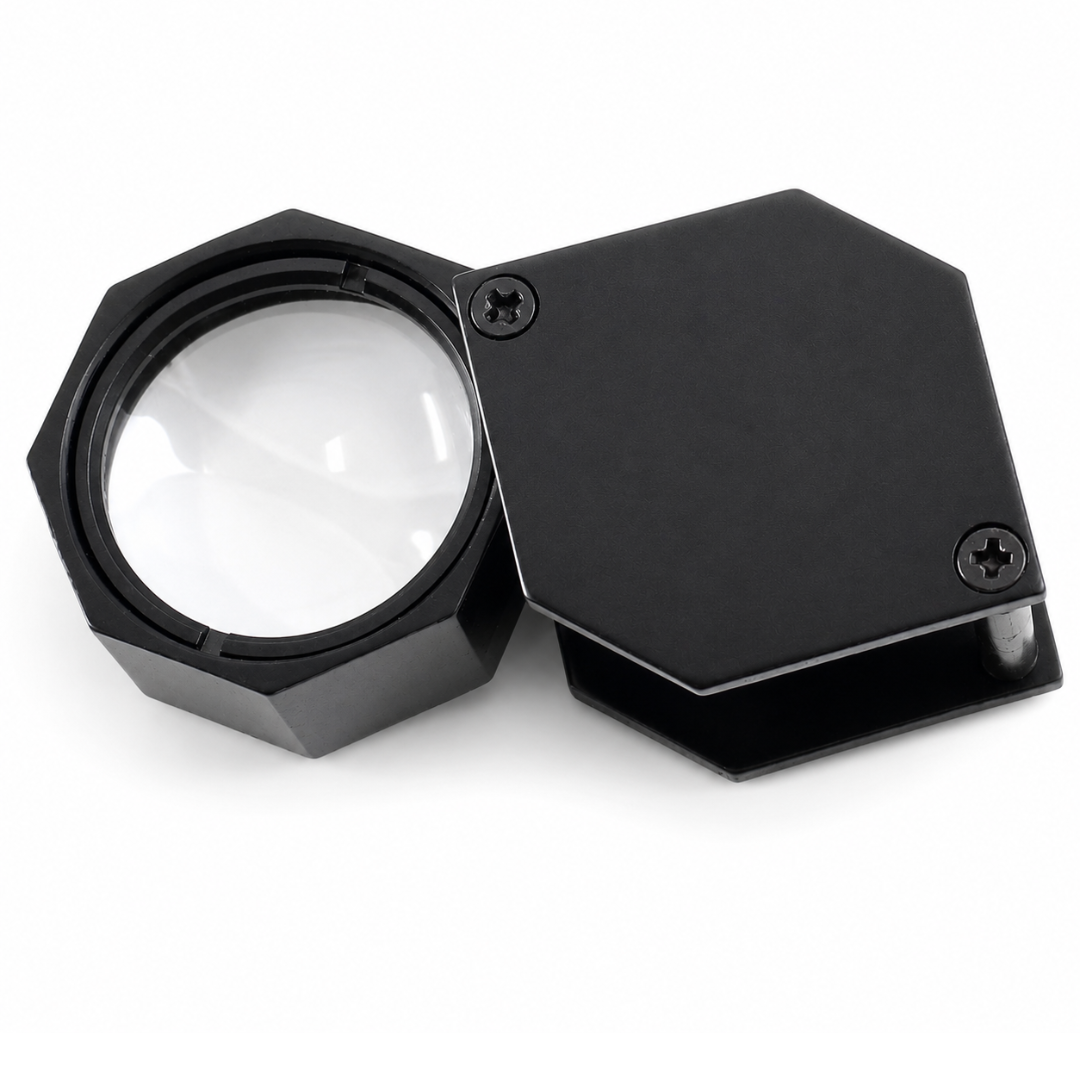 10X Hexagonal Jeweler’s Loupe Magnifier, 21mm Black Metal Folding Loupe with Leather Snap Case for Jewelry, Coins, Stamps, Gems & Precision Inspection – TJ-71450