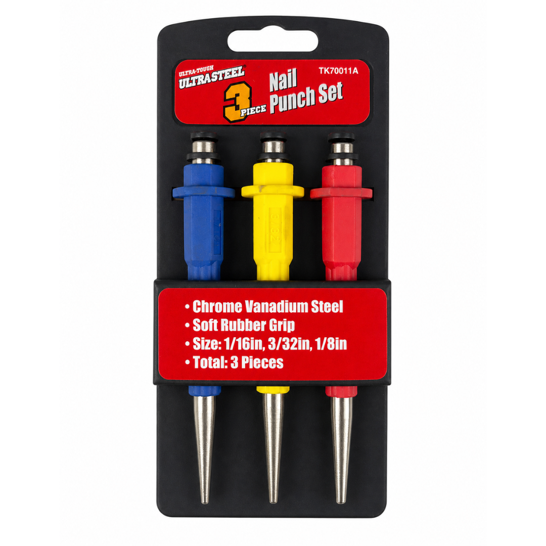 3 Piece Nail Punch Set – 1/16", 3/32", 1/8" Sizes – Chrome Vanadium Steel – Soft Grip Handles – Precision Pin Punch Tool Set for Woodworking & Carpentry