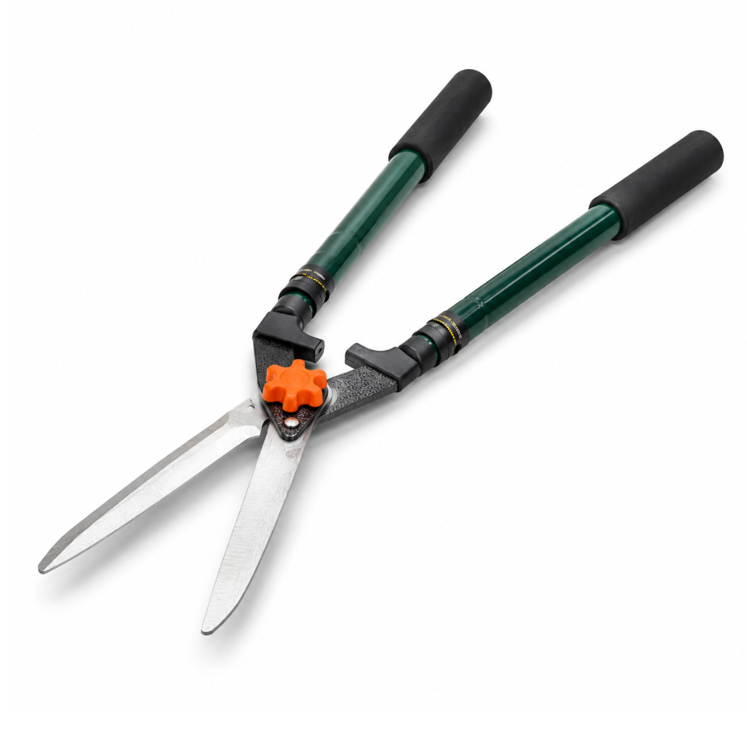 Telescopic Hedge Shears with Extendable Green Handles, Steel Blades, Adjustable Tension Knob, Comfort Foam Grips, Manual Hedge Clippers for Shrubs, Bushes, Hedges & Garden Trimming
