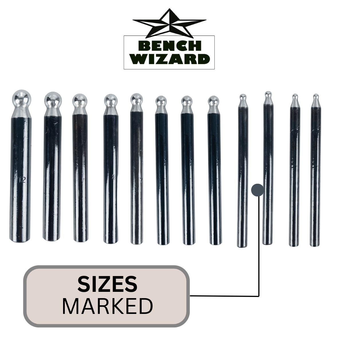 12-Piece Dapping Punch Set – 2.3mm to 13mm Steel Doming Tools for Metal Forming, Jewelry Making, Stamping & Crafting – Precision-Milled Heads