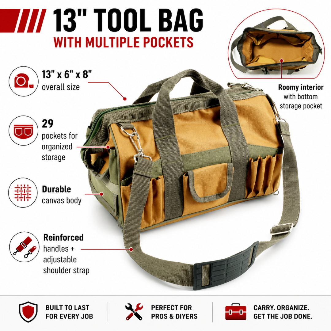 13-Inch Tool Bag with 29 Pockets, Adjustable Shoulder Strap, Reinforced Handles and Bottom Storage Compartment – NB-10199