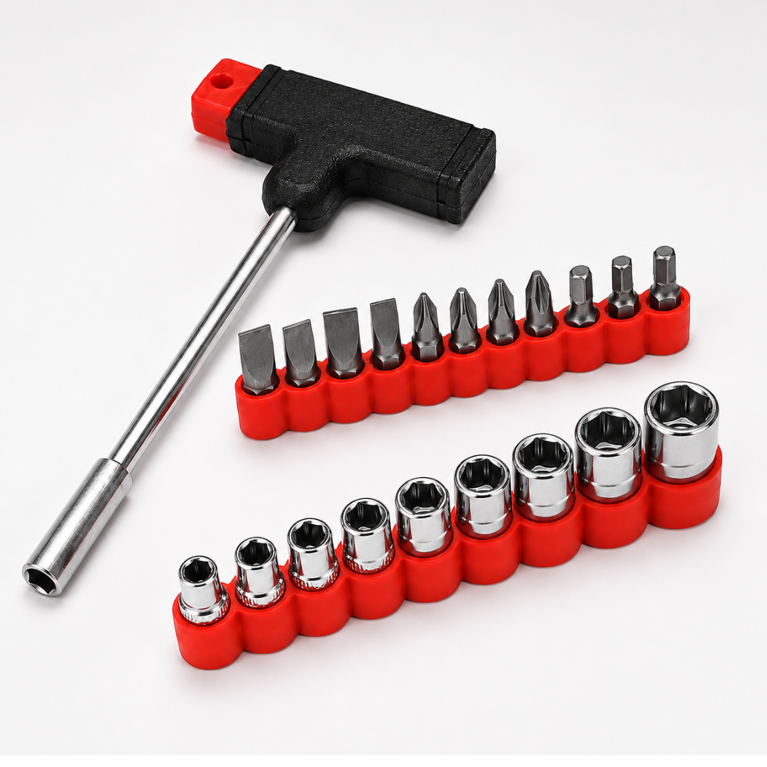 T-Handle Socket & Screwdriver Bit Set, 21 Piece Steel Tool Kit with 9 Metric Sockets, Phillips, Slotted & Star Bits, Magnetic Tip Handle, Red Storage Holder