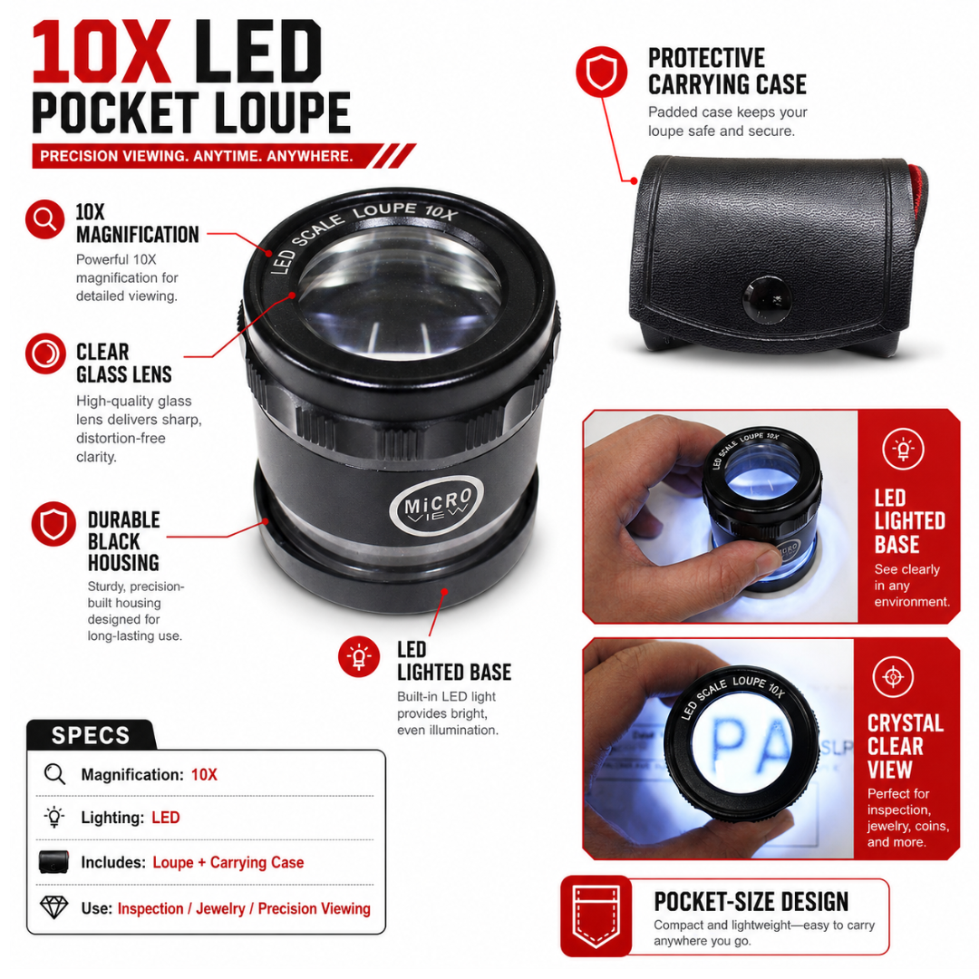 10X LED Scale Loupe Magnifier with Lighted Base and Protective Carrying Case for Jewelry, Coins, Stamps, Watches and Precision Inspection