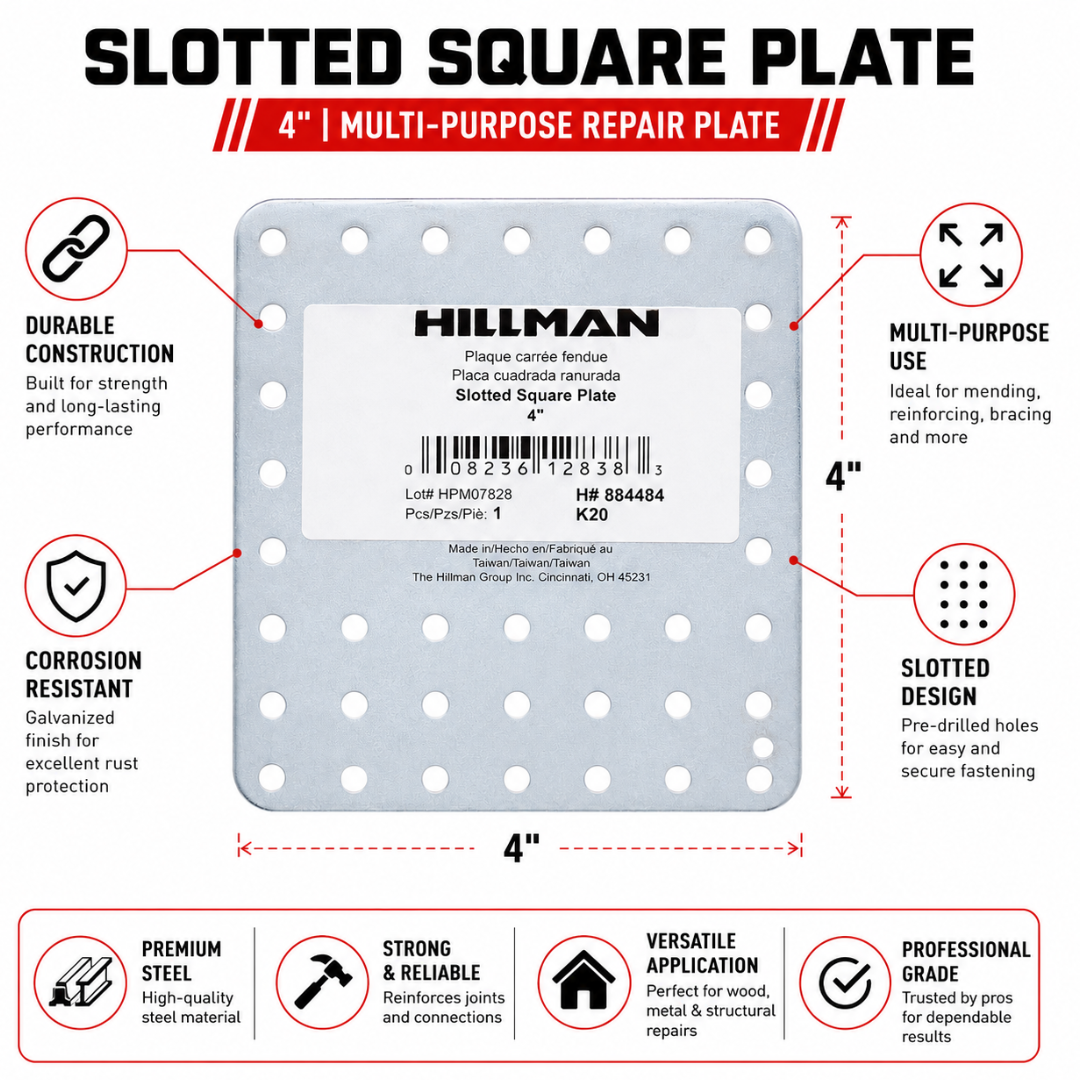 2 Pc. 4" Slotted Square Plate, Galvanized Steel Repair Plate with Pre-Punched Holes, Heavy-Duty Flat Mending Brace for Wood, Metal, Furniture, Framing & DIY Repairs