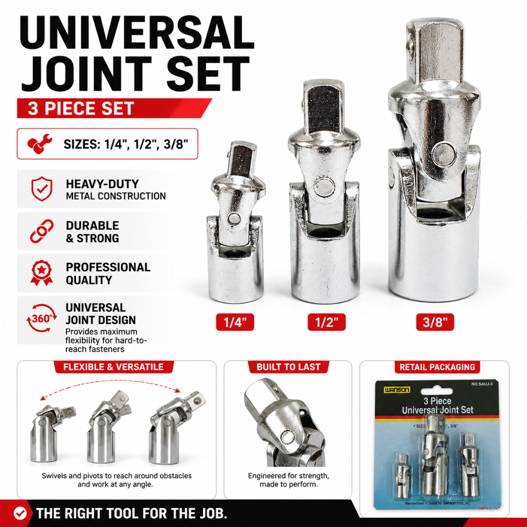 3-Piece Universal Joint Socket Adapter Set – 1/4", 3/8" & 1/2" Drive – Heavy-Duty Swivel Socket Accessories – TU-FR-8222