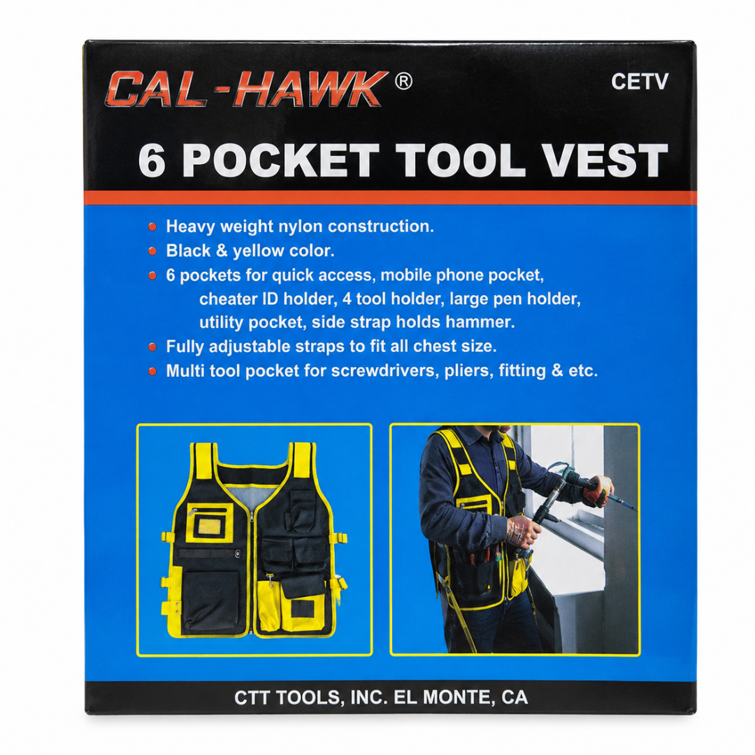6 Pocket Tool Vest, Heavy Duty Nylon Work Vest with Adjustable Straps, Multi-Pocket Tool Organizer for Construction, DIY, Repair & Workshop Use, Black & Yellow