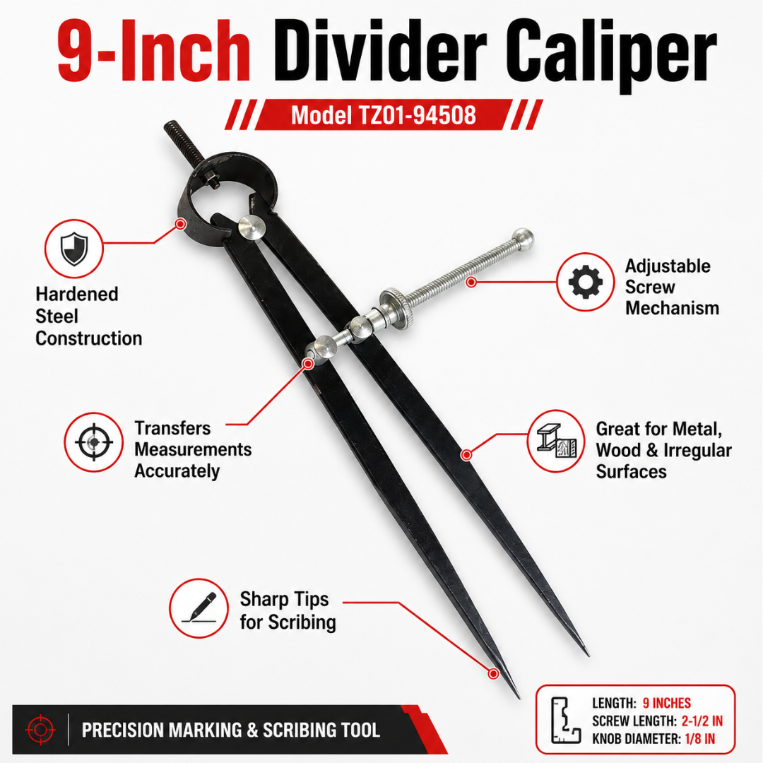 9-Inch Divider Caliper with Adjustable Screw Mechanism – Steel Scribing & Measurement Transfer Tool – Hardened Points for Metal, Wood & Irregular Surfaces – TZ01-94508