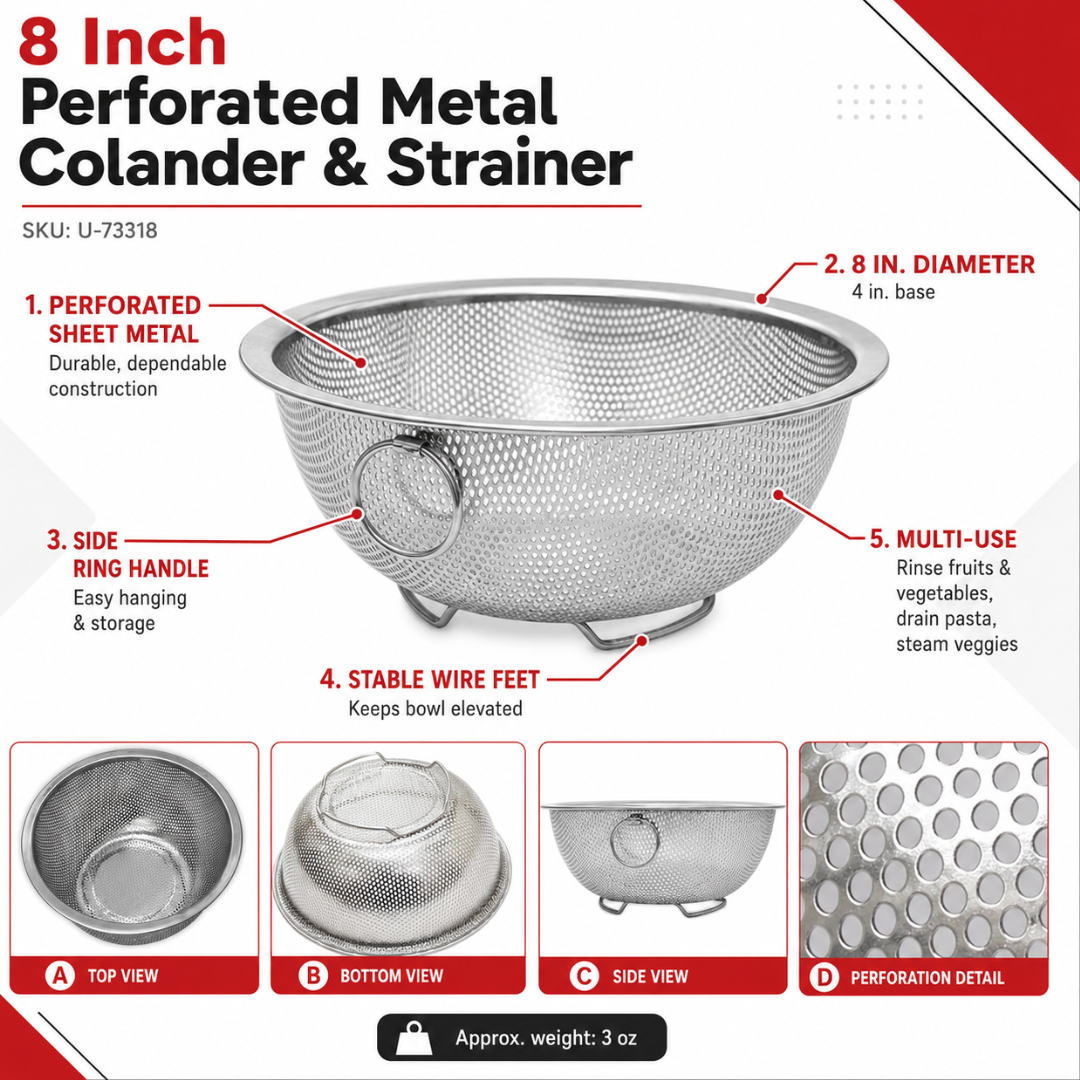 8 Inch Perforated Metal Colander & Strainer, 4 Inch Base with Raised Stand and Ring Handle, Lightweight Kitchen Strainer for Pasta, Fruits, Vegetables & Steaming – U-73318
